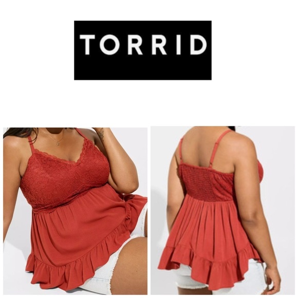 Torrid Ruffled Smocked  Lace Babydoll
Spaghetti Strap Crinkle Gauze Tank Top 1 - Picture 1 of 11